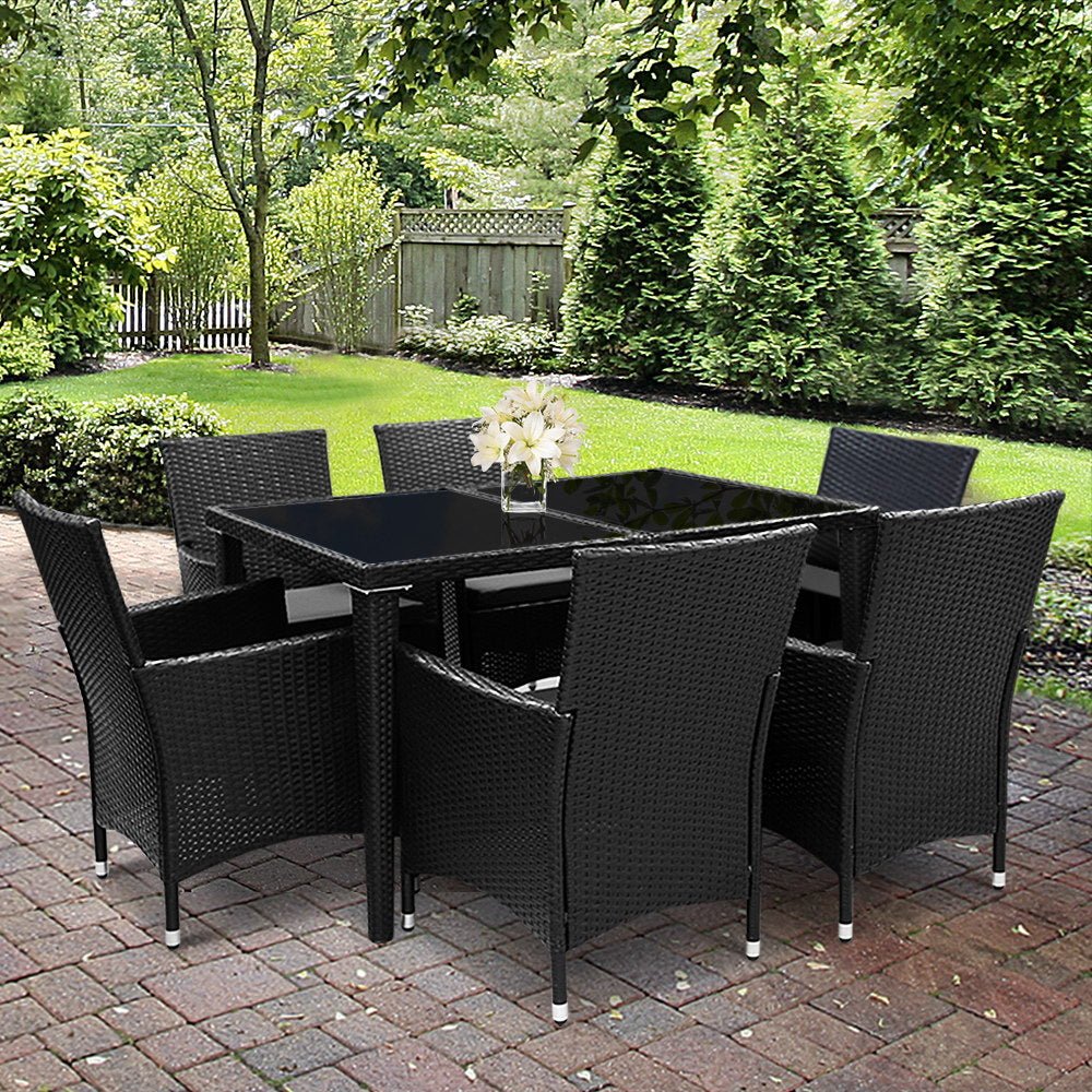 Outdoor Dining Set 7 Piece Wicker Lounge Setting Black - Furniture > Outdoor - Bedzy Australia