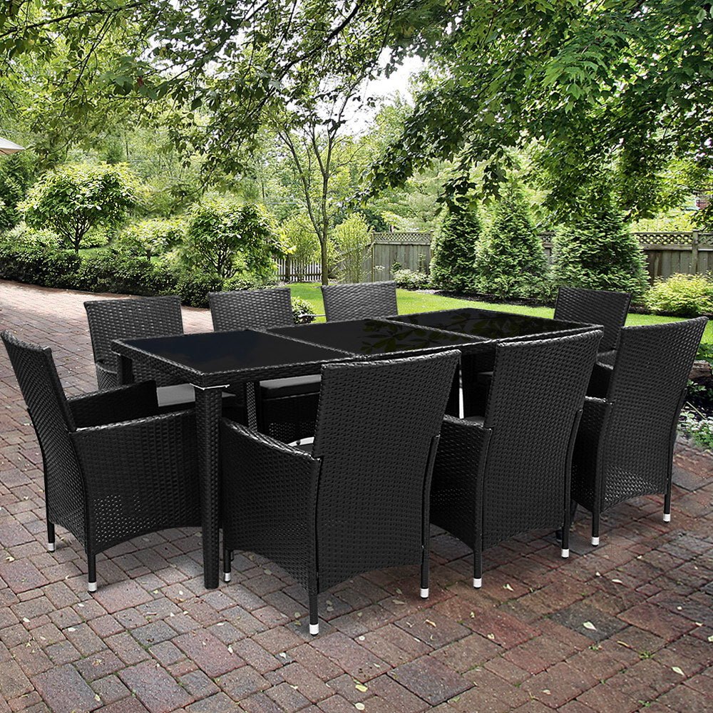 Outdoor Dining Set 9 Piece Wicker Lounge Setting Black - Furniture > Outdoor - Bedzy Australia