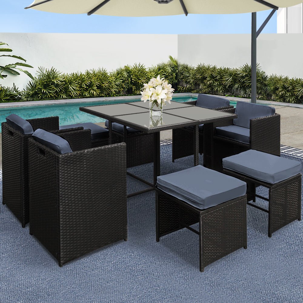 Outdoor Dining Set 9 Piece Wicker Table Chairs Setting Black - Furniture > Dining - Bedzy Australia