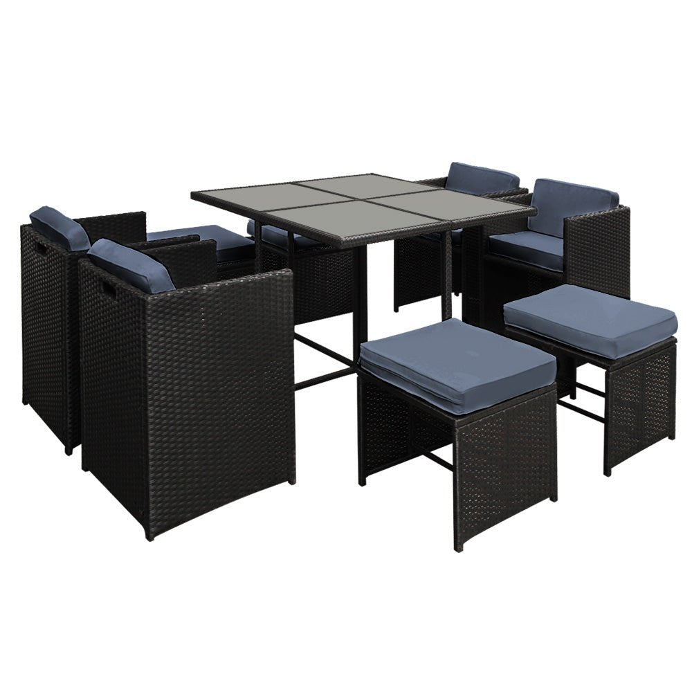 Outdoor Dining Set 9 Piece Wicker Table Chairs Setting Black - Furniture > Dining - Bedzy Australia