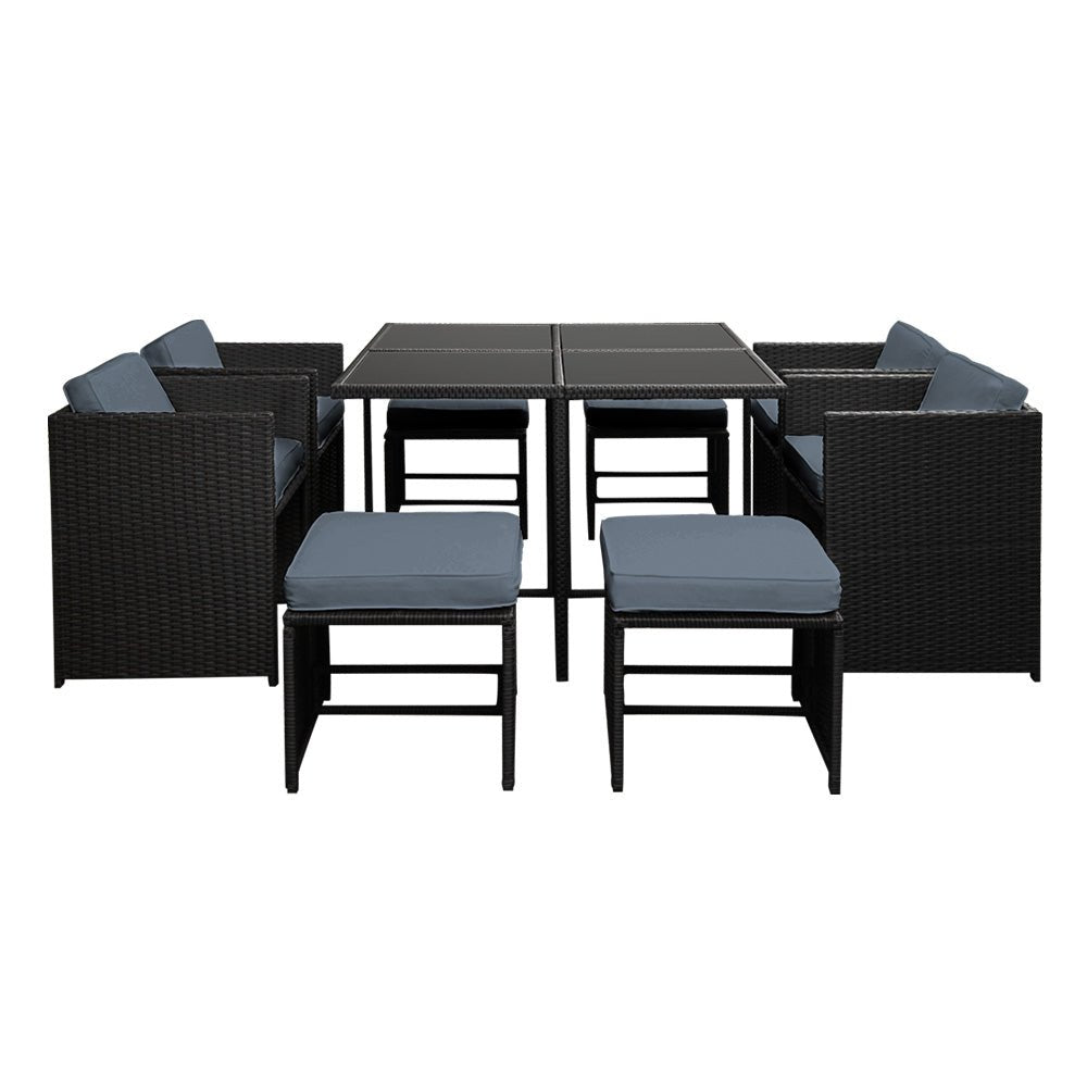 Outdoor Dining Set 9 Piece Wicker Table Chairs Setting Black - Furniture > Dining - Bedzy Australia