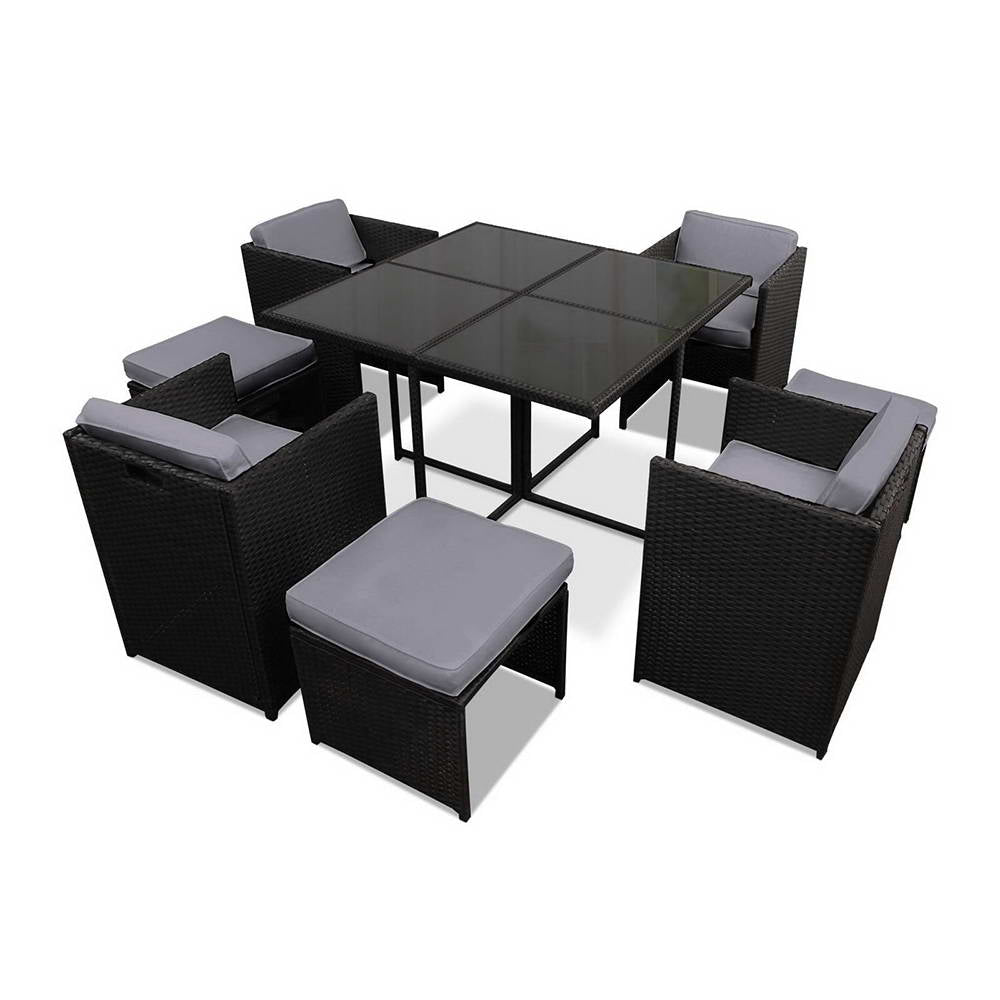 Outdoor Dining Set 9 Piece Wicker Table Chairs Setting Black - Furniture > Dining - Bedzy Australia