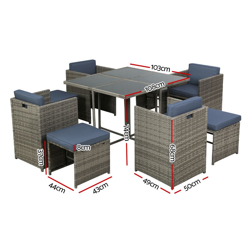 Outdoor Dining Set 9 Piece Wicker Table Chairs Setting Grey - Furniture > Outdoor - Bedzy Australia