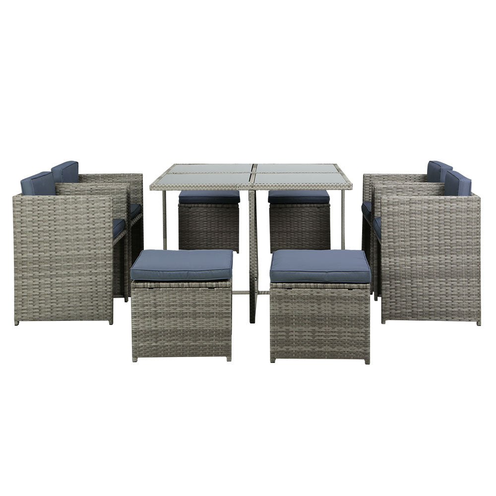 Outdoor Dining Set 9 Piece Wicker Table Chairs Setting Grey - Furniture > Outdoor - Bedzy Australia