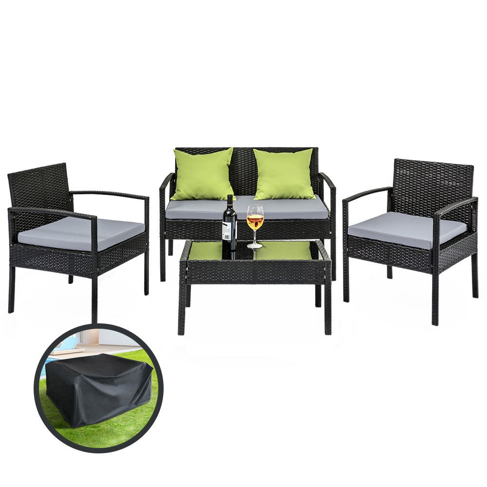 Outdoor Sofa Set Wicker Lounge Setting Table and Chairs Storage Cover - Furniture > Outdoor - Bedzy Australia