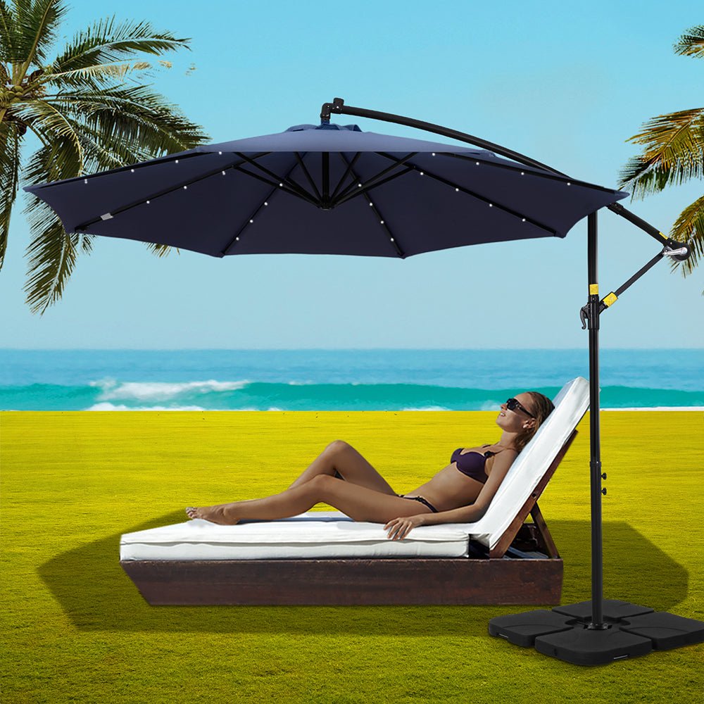 Outdoor Umbrella 3M Cantilever Beach LED w/Base Garden Shade Patio Navy - Home & Garden > Shading > Umbrellas & Sunshades - Bedzy Australia