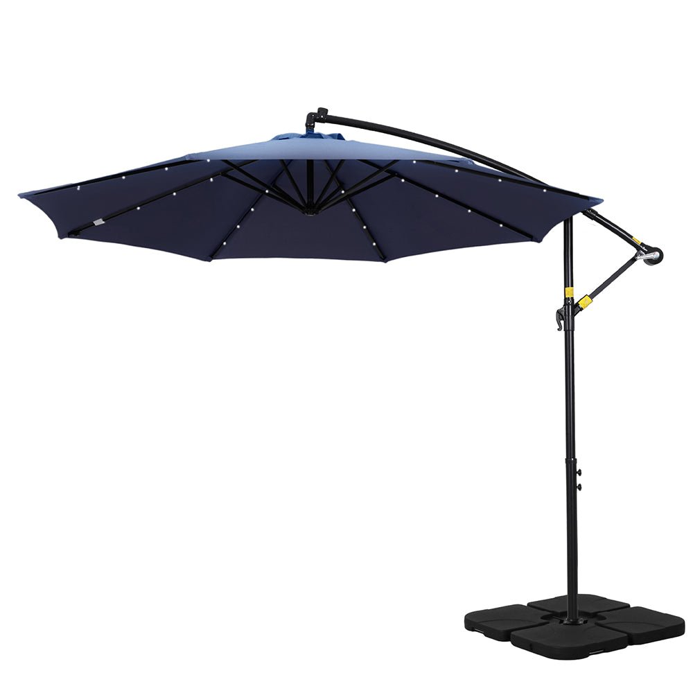 Outdoor Umbrella 3M Cantilever Beach LED w/Base Garden Shade Patio Navy - Home & Garden > Shading > Umbrellas & Sunshades - Bedzy Australia