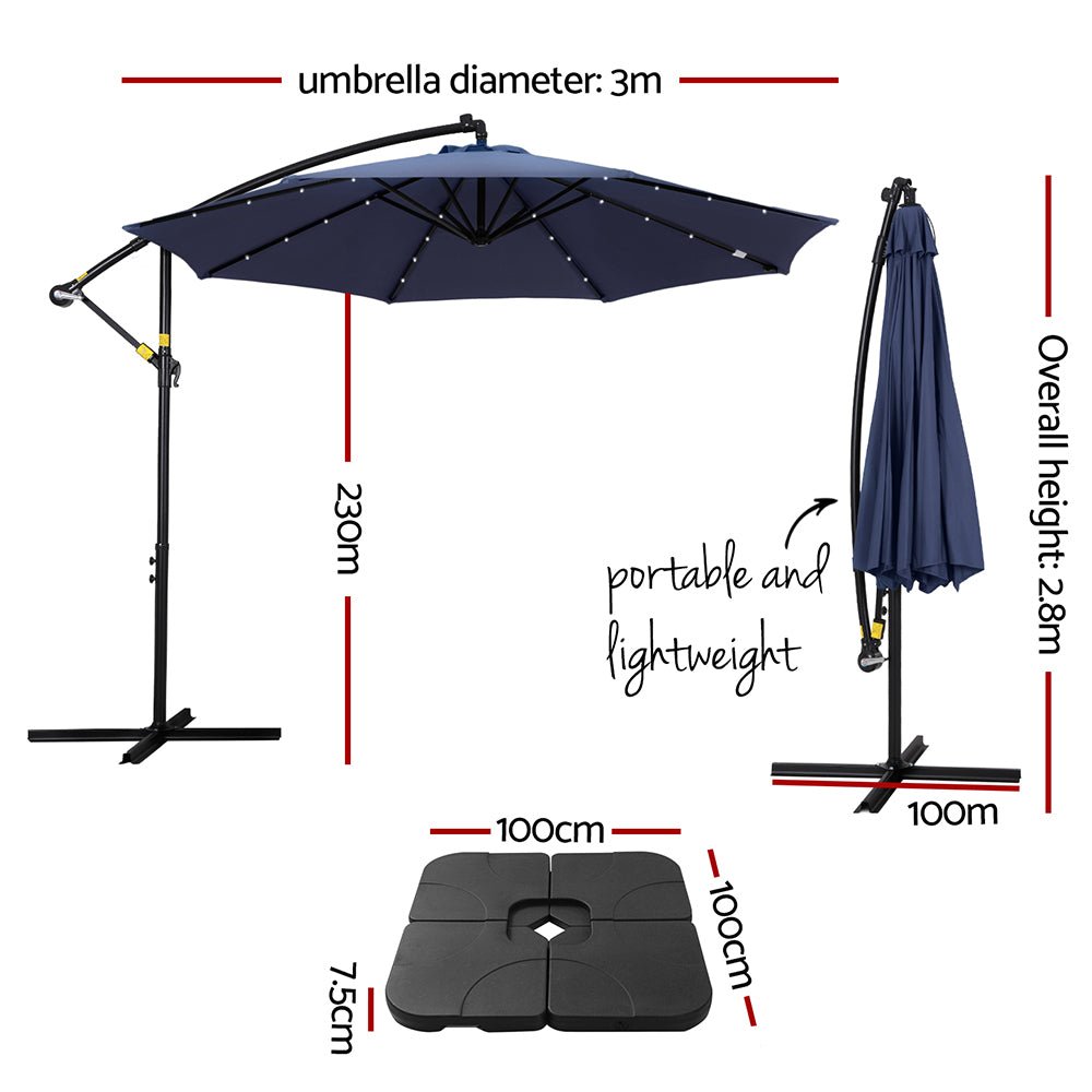 Outdoor Umbrella 3M Cantilever Beach LED w/Base Garden Shade Patio Navy - Home & Garden > Shading > Umbrellas & Sunshades - Bedzy Australia