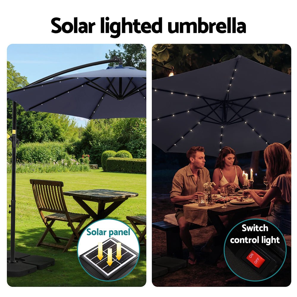 Outdoor Umbrella 3M Cantilever Beach LED w/Base Garden Shade Patio Navy - Home & Garden > Shading > Umbrellas & Sunshades - Bedzy Australia