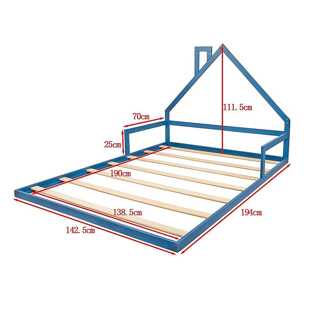 Pine Wood House Shaped Double Floor Bed Blue - Furniture > Bedroom - Bedzy Australia