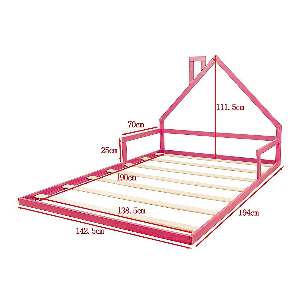 Pine Wood House Shaped Double Floor Bed Pink - Furniture > Bedroom - Bedzy Australia