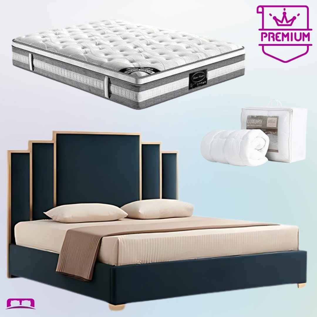 Queen Premium Package | Bedzy Luxe Austin Bed Frame Turquoise, Plush Premium Euro Top Pocket Spring Mattress (Medium Firm) & Bamboo Mattress Topper! - Bedzy Australia