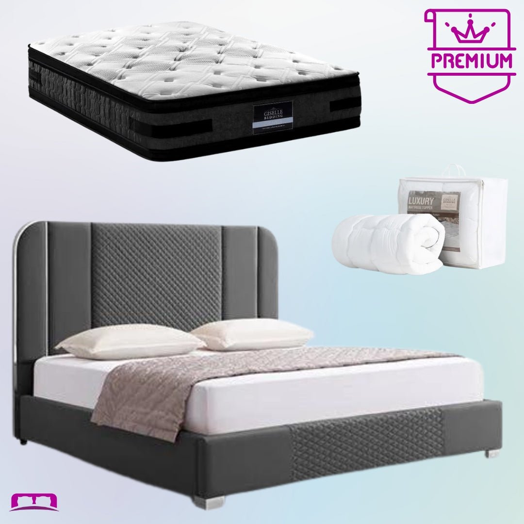 Queen Premium Package | Bedzy Luxe Halcyon Bed Frame Black, Luna Series Euro Top Mattress (Medium Firm) & Bamboo Mattress Topper! - Bedzy Australia