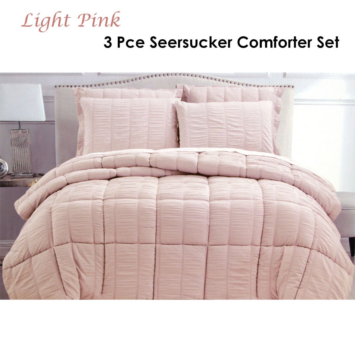 Seersucker Comforter Set King Light Pink - Home & Garden > Bedding - Bedzy Australia