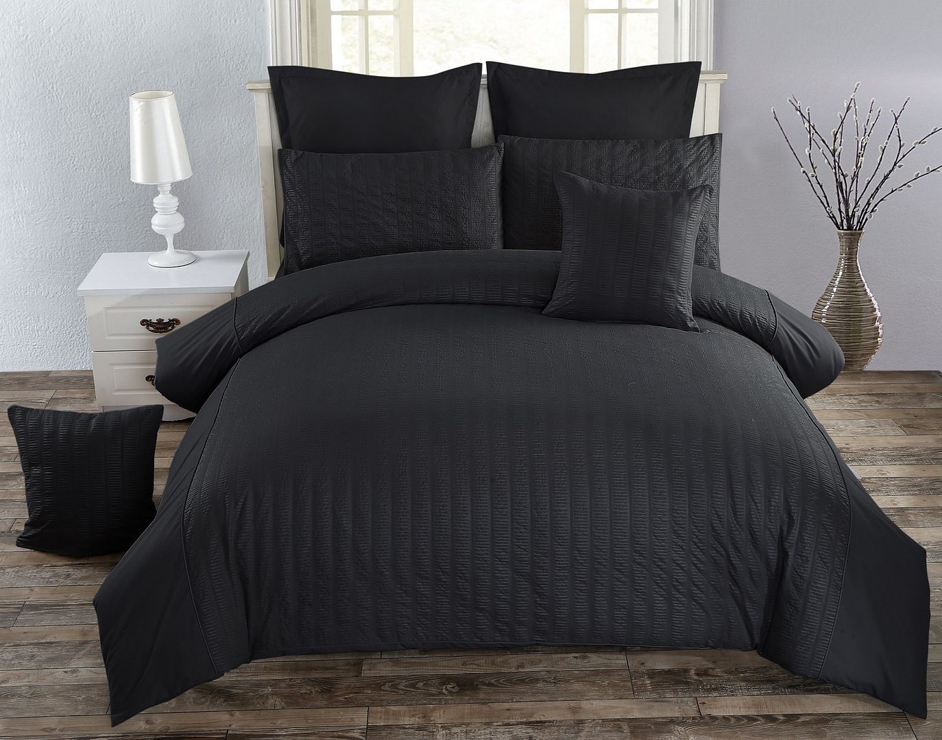 Seersucker Double Size Black Duvet Quilt Cover Set - Home & Garden > Bedding - Bedzy Australia