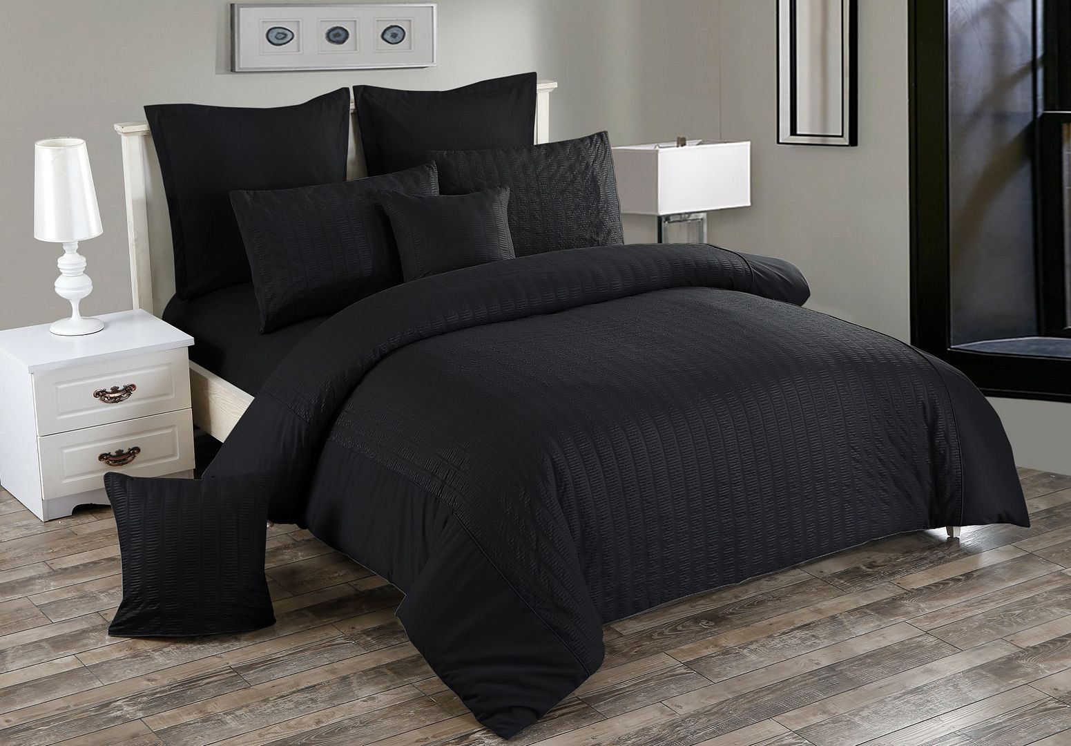 Seersucker Double Size Black Duvet Quilt Cover Set - Home & Garden > Bedding - Bedzy Australia