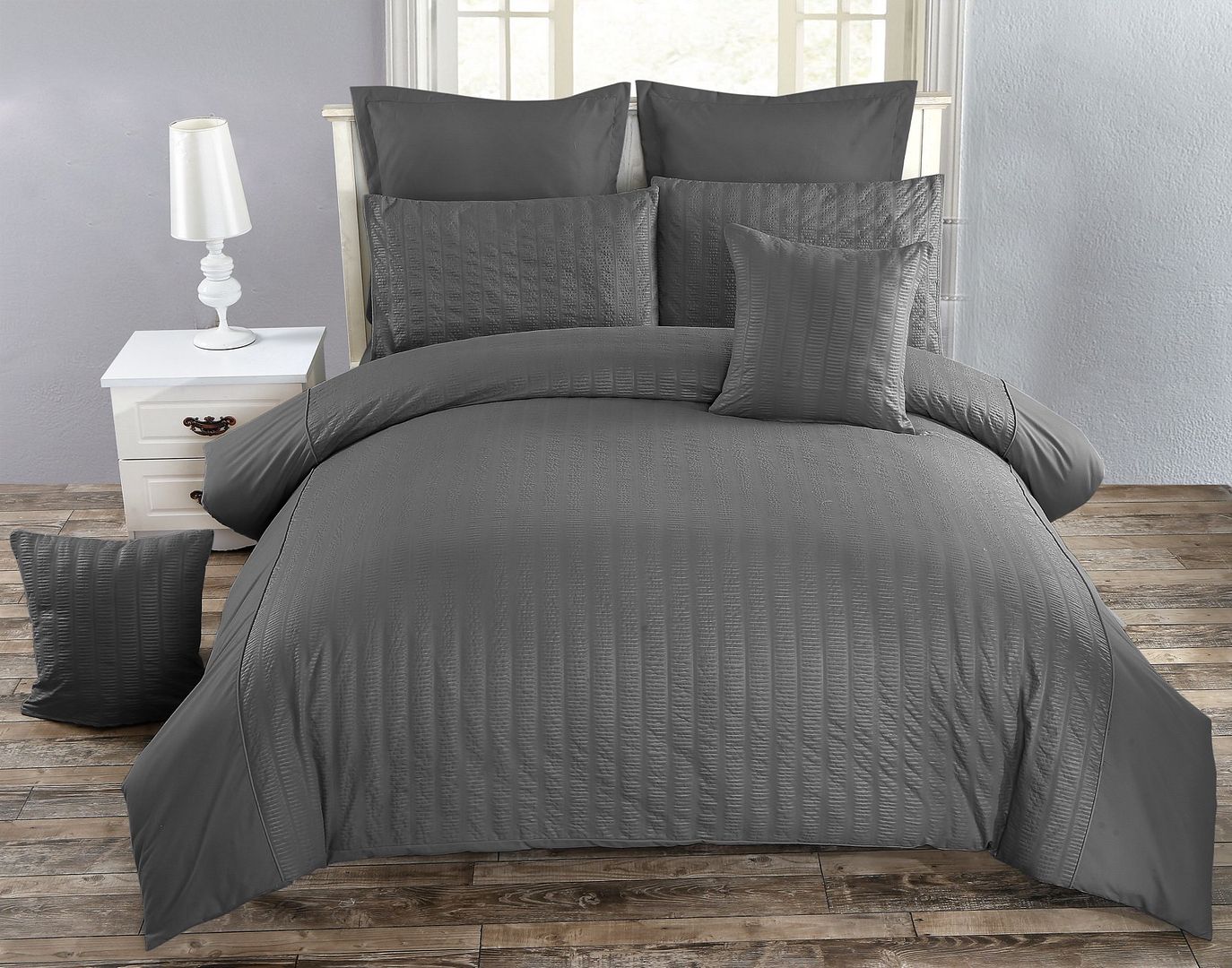 Seersucker Queen Size Charcoal Duvet Quilt Cover Set - Home & Garden > Bedding - Bedzy Australia