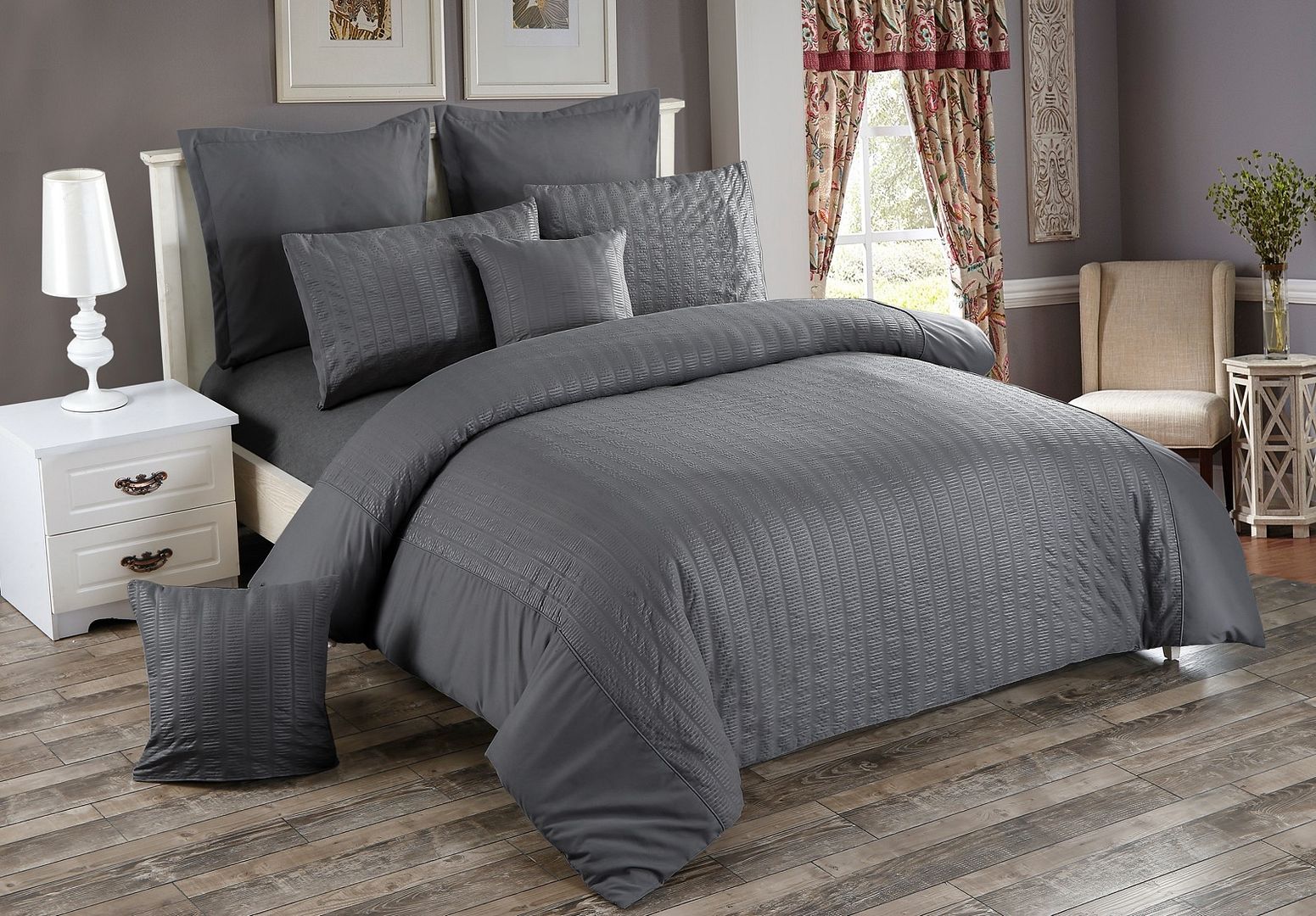 Seersucker Queen Size Charcoal Duvet Quilt Cover Set - Home & Garden > Bedding - Bedzy Australia