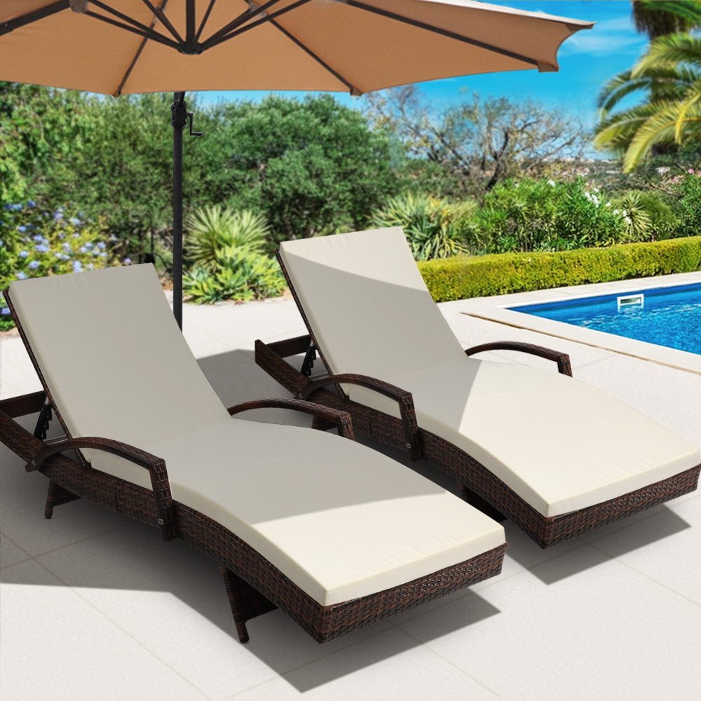 Set of 2 Bianca Outdoor Sun Lounger Chairs with Cushion - Brown - Bedzy Australia