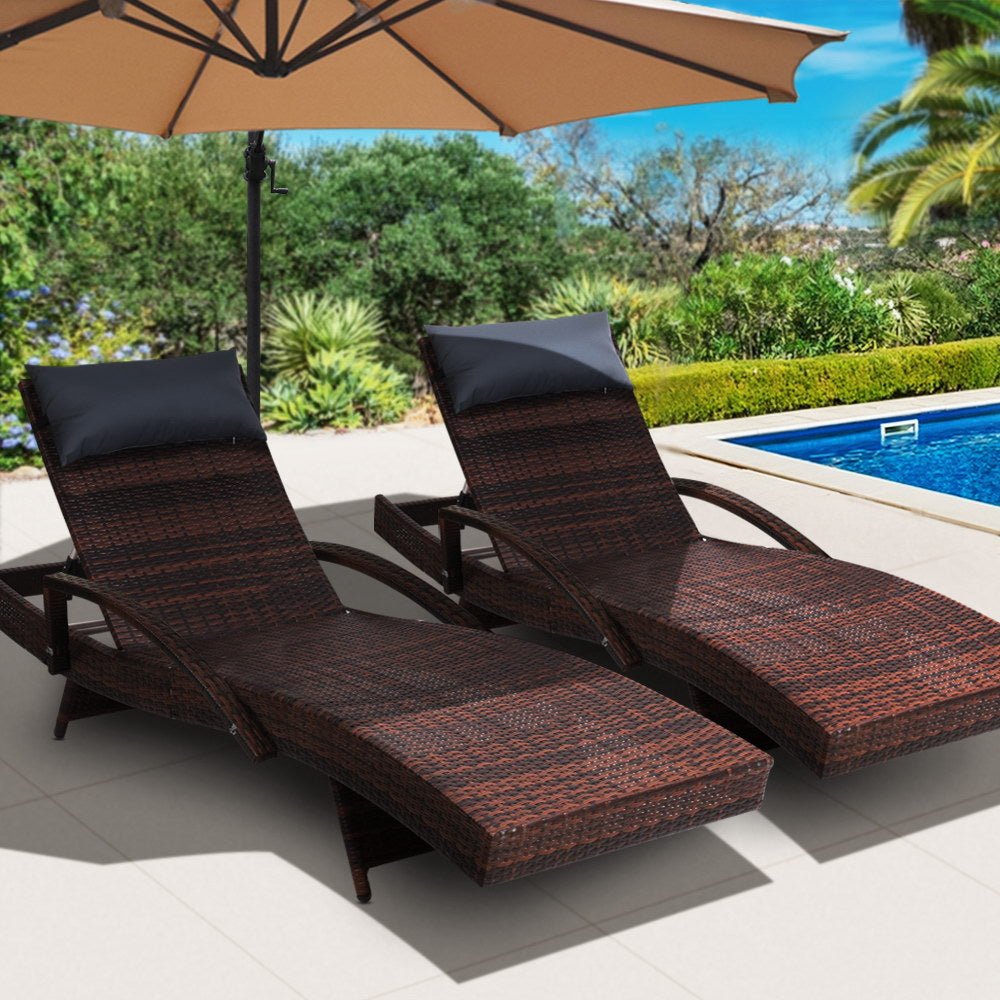 Set of 2 Bianca Outdoor Sun Lounger Chairs with Pillow Headrests - Brown - Bedzy Australia