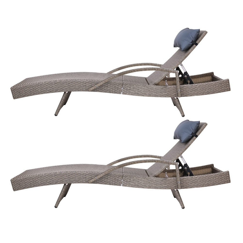 Set of 2 Bianca Outdoor Sun Lounger Chairs with Pillow Headrests - Grey - Bedzy Australia