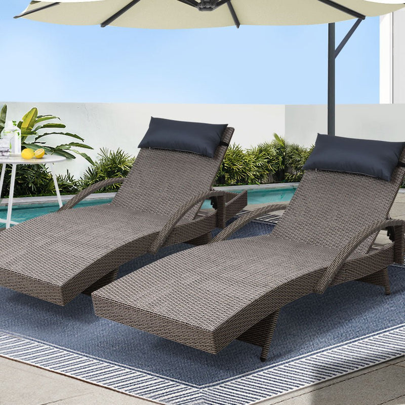 Set of 2 Bianca Outdoor Sun Lounger Chairs with Pillow Headrests - Grey - Bedzy Australia