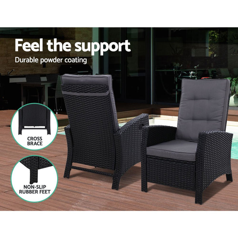 Set of 2 Elise Outdoor Recliner Chairs with Ottomans Black - Bedzy Australia