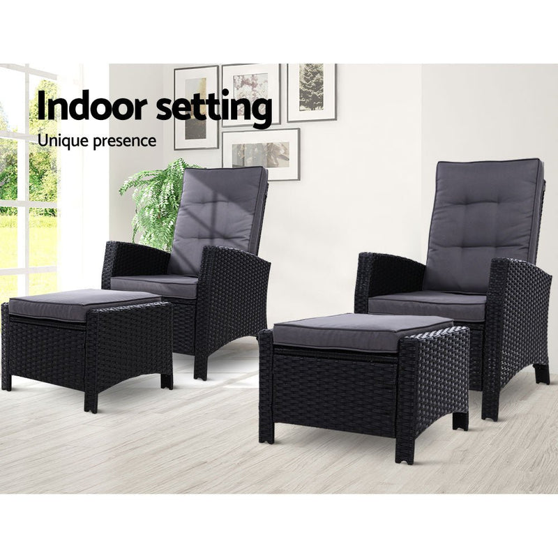 Set of 2 Elise Outdoor Recliner Chairs with Ottomans Black - Bedzy Australia