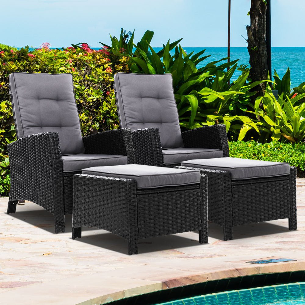 Set of 2 Elise Outdoor Recliner Chairs with Ottomans Black - Bedzy Australia