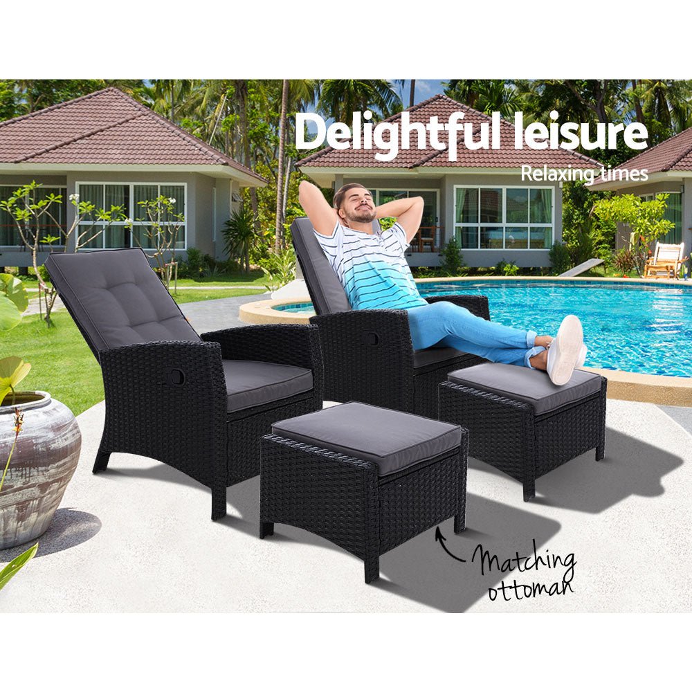 Set of 2 Elise Outdoor Recliner Chairs with Ottomans Black - Bedzy Australia