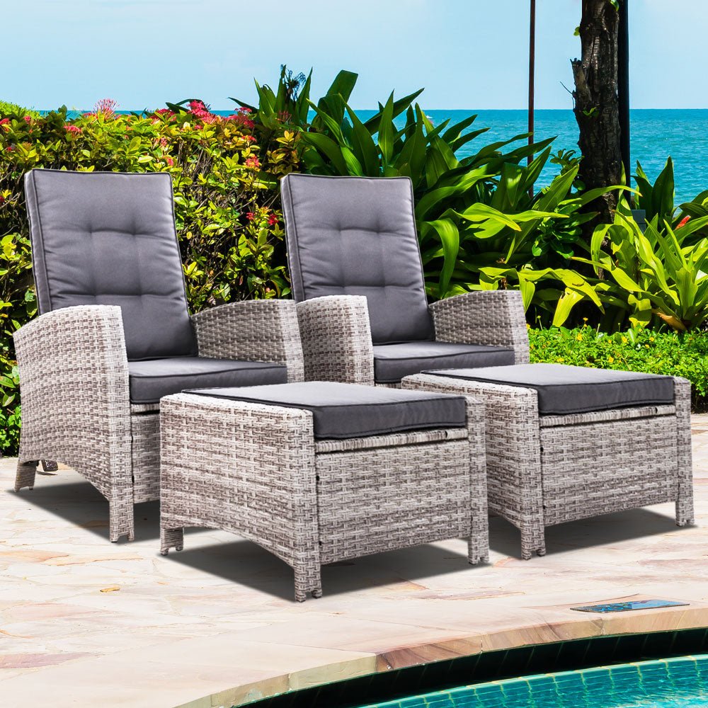 Set of 2 Elise Outdoor Recliner Chairs with Ottomans Grey - Bedzy Australia