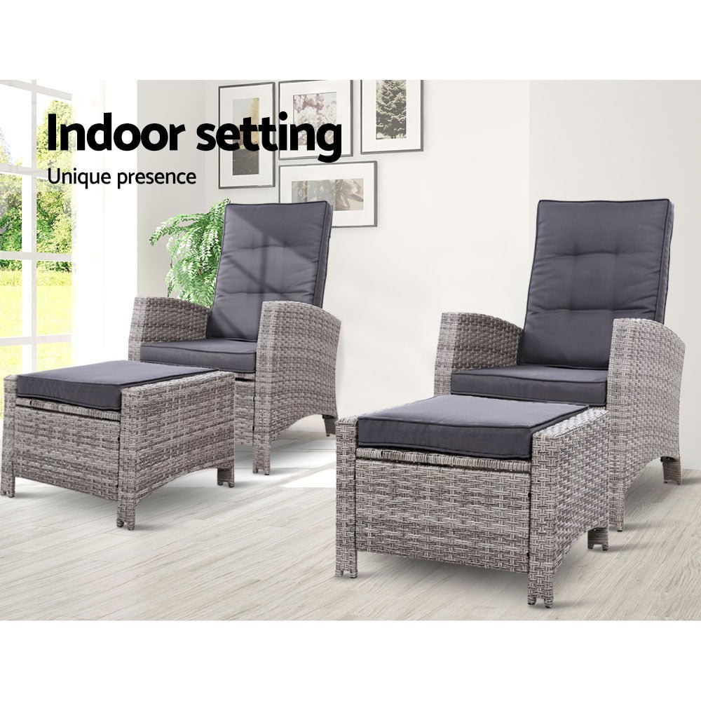 Set of 2 Elise Outdoor Recliner Chairs with Ottomans Grey - Bedzy Australia