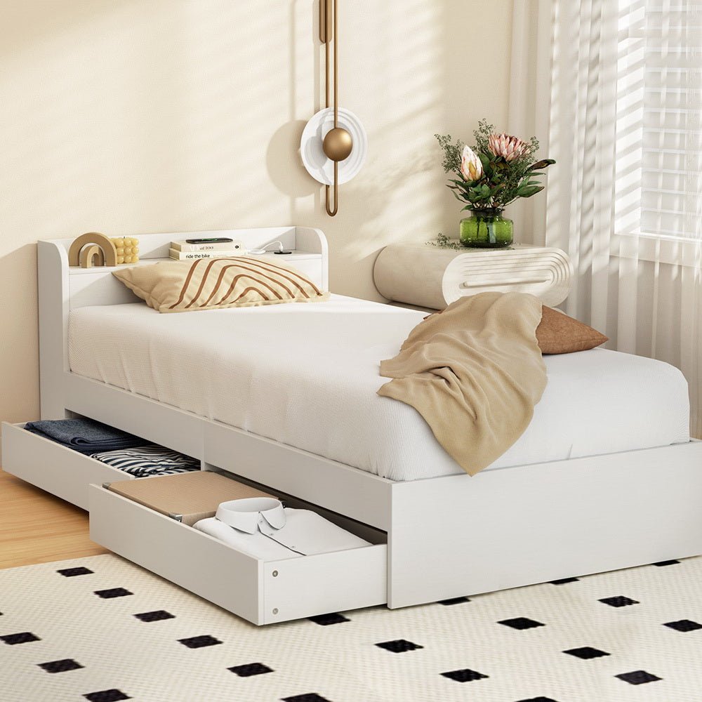 Single Package | Aura Bed Frame With 2 Storage Drawers White & Bonita Pillow Top Mattress (Medium Firm) - Baby & Kids > Kid's Furniture > Kid's Beds & Bed Frames - Bedzy Australia