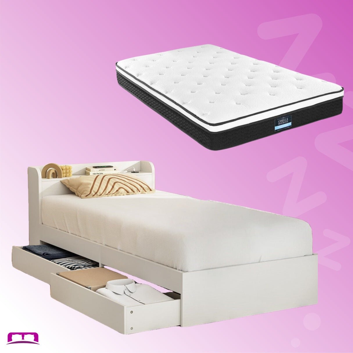 Single Package | Aura Bed Frame With 2 Storage Drawers White & Bonita Pillow Top Mattress (Medium Firm) - Baby & Kids > Kid's Furniture > Kid's Beds & Bed Frames - Bedzy Australia