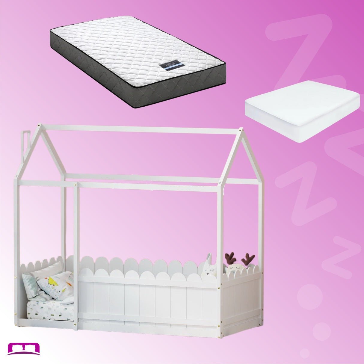 Single Package | Kori House Shaped Wooden Floor Bed Frame White, Alzbeta Mattress (Medium firm) & Waterproof Bamboo Mattress Protector - Baby & Kids > Kid's Furniture > Kid's Beds & Bed Frames - Bedzy Australia