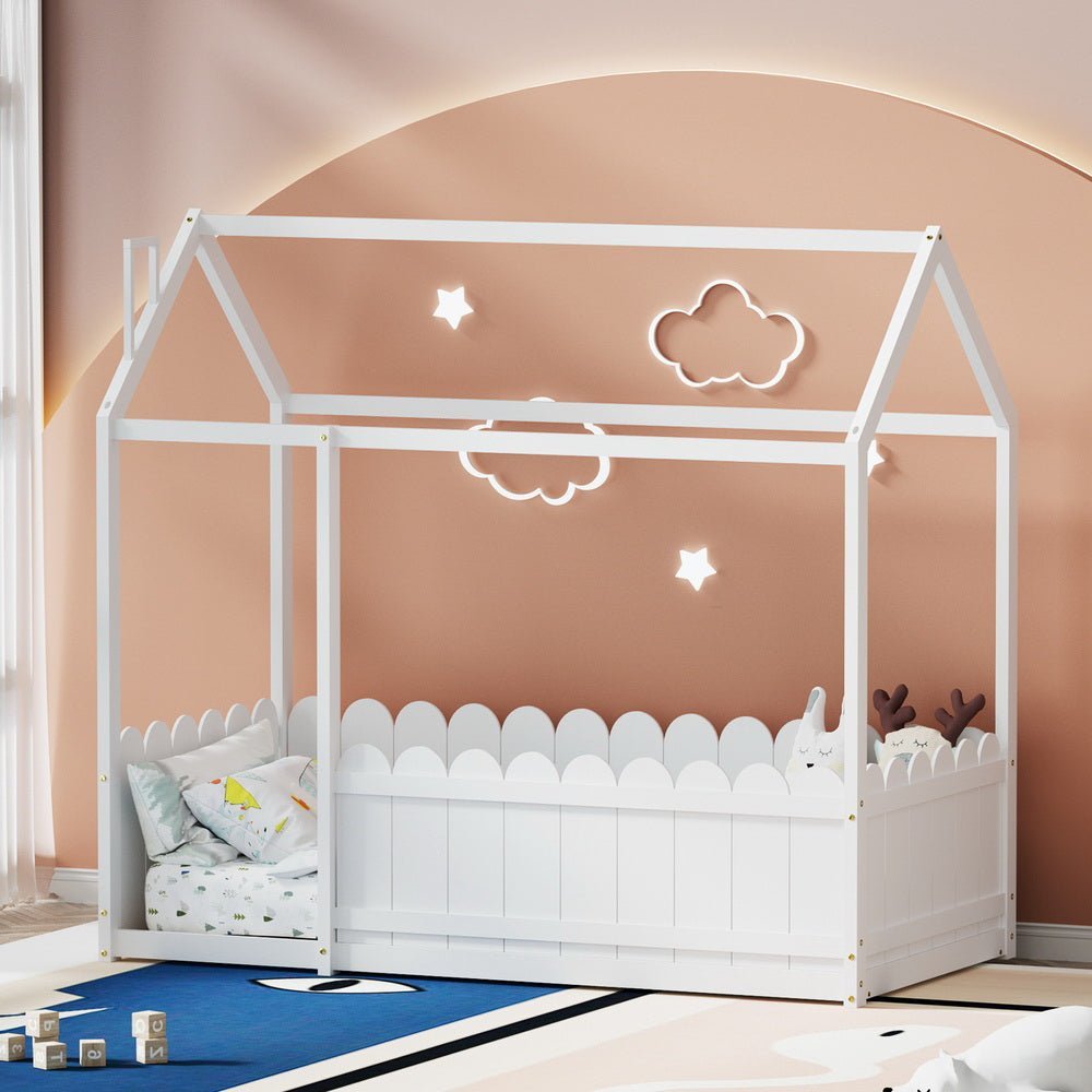 Single Package | Kori House Shaped Wooden Floor Bed Frame White, Alzbeta Mattress (Medium firm) & Waterproof Bamboo Mattress Protector - Baby & Kids > Kid's Furniture > Kid's Beds & Bed Frames - Bedzy Australia