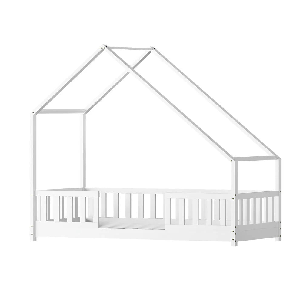 Single Package | Pavo House Shaped Wooden Floor Bed Frame White, Alzbeta Mattress (Medium firm) & Waterproof Bamboo Mattress Protector - Baby & Kids > Kid's Furniture > Kid's Beds & Bed Frames - Bedzy Australia