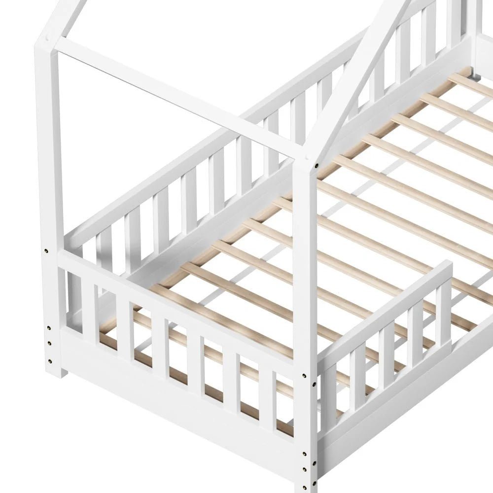 Single Package | Pavo House Shaped Wooden Floor Bed Frame White, Alzbeta Mattress (Medium firm) & Waterproof Bamboo Mattress Protector - Baby & Kids > Kid's Furniture > Kid's Beds & Bed Frames - Bedzy Australia