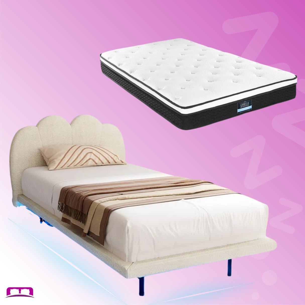 Single Package | Sasa LED Boucle Bed Frame Beige & Bonita Pillow Top Mattress (Medium Firm) - Baby & Kids > Kid's Furniture > Kid's Beds & Bed Frames - Bedzy Australia