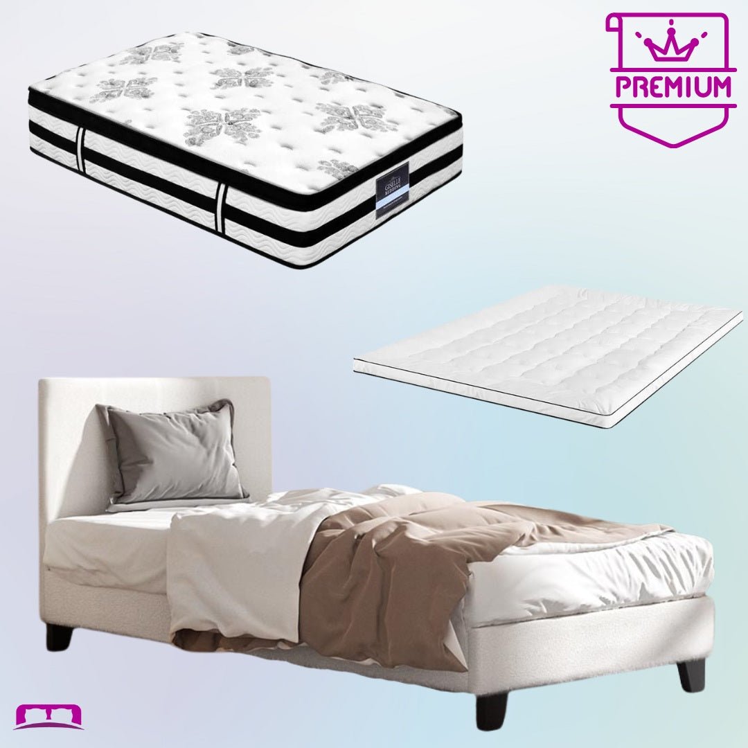 Single Premium Package | Coogee Bed Frame Cuddly White Bouclé, Algarve Euro Top Pocket Spring Mattress (Medium Firm) & Pillowtop Mattress Topper - Bedzy Australia