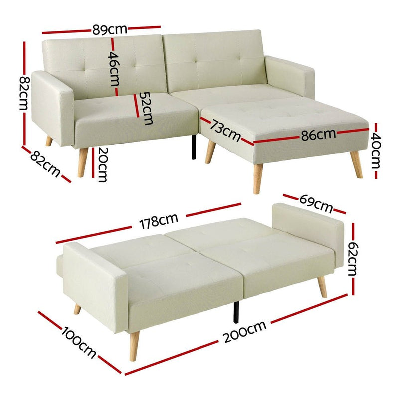 Sofa Bed Ottoman 200CM Beige Faux Linen - Furniture > Living Room - Bedzy Australia