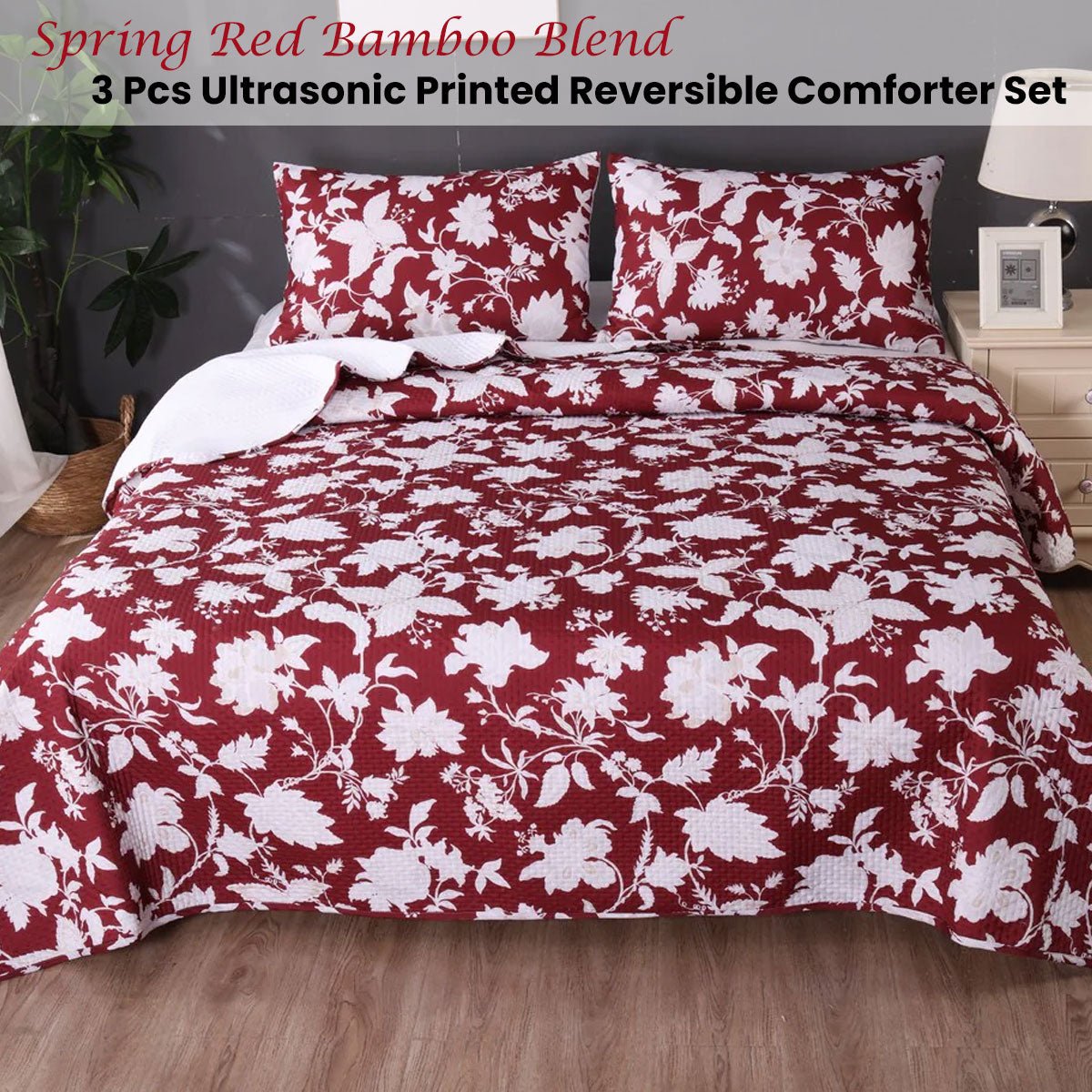 Spring Red 3 Pcs Bamboo Blend Ultrosonic Reversible Comforter Set King - Home & Garden > Bathroom Accessories - Bedzy Australia