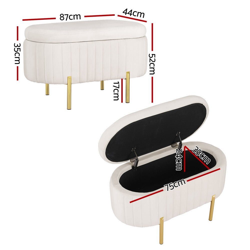 Storage Ottoman Blanket Box 87cm Velvet Oval White - Furniture > Living Room - Bedzy Australia