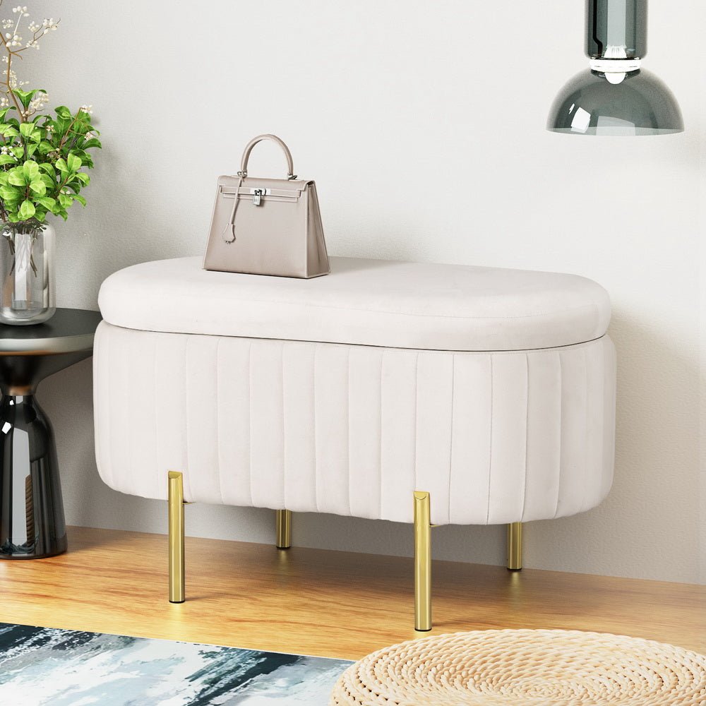 Storage Ottoman Blanket Box 87cm Velvet Oval White - Furniture > Living Room - Bedzy Australia