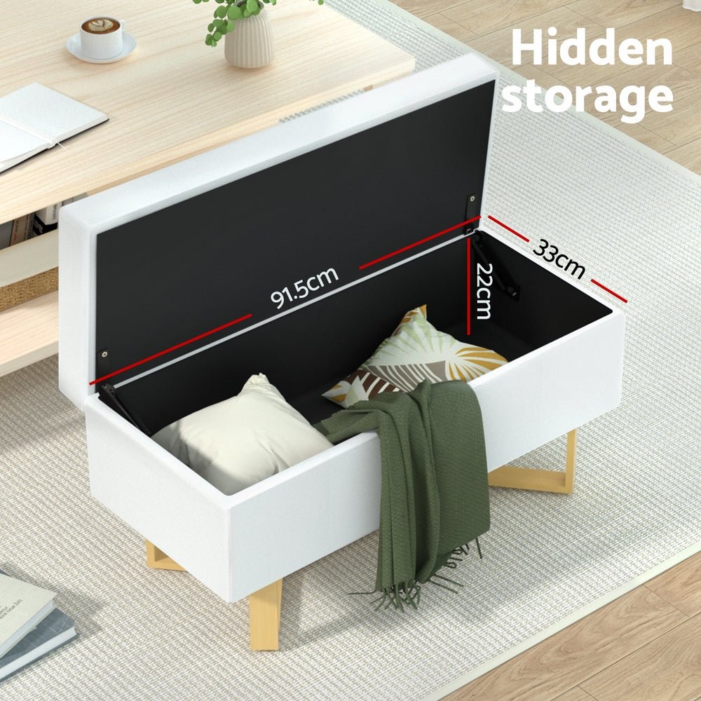 Storage Ottoman Blanket Box Criss - cross Linen White - Furniture > Living Room - Bedzy Australia