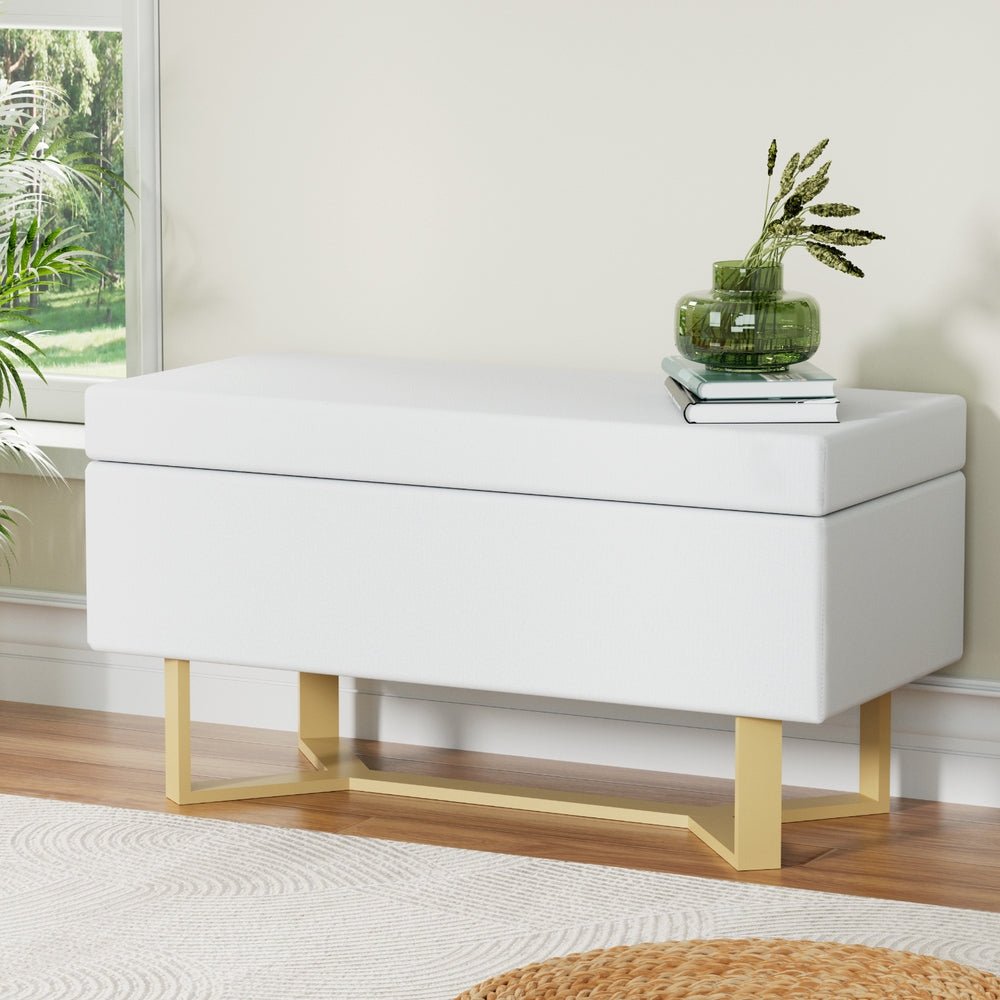 Storage Ottoman Blanket Box Criss - cross Linen White - Furniture > Living Room - Bedzy Australia