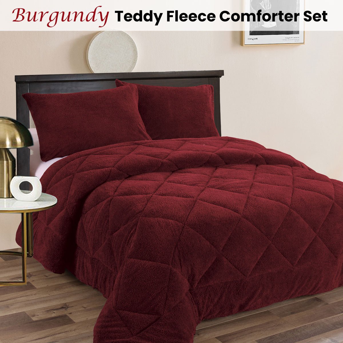 Teddy Fleece 3 Pcs Comforter Set Burgundy King - Home & Garden > Bathroom Accessories - Bedzy Australia