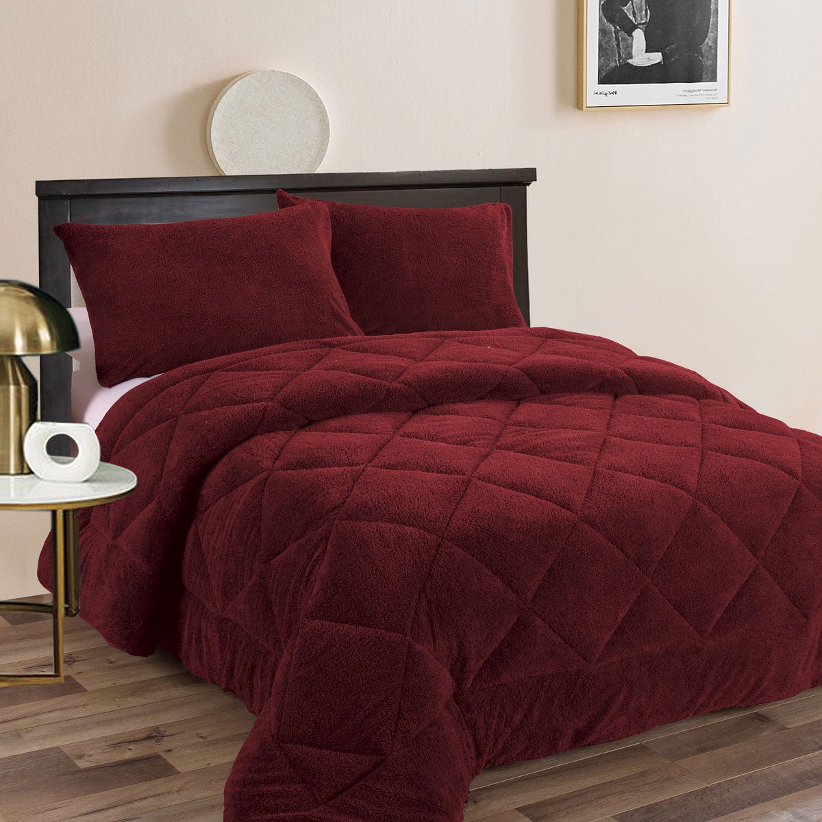 Teddy Fleece 3 Pcs Comforter Set Burgundy King - Home & Garden > Bathroom Accessories - Bedzy Australia