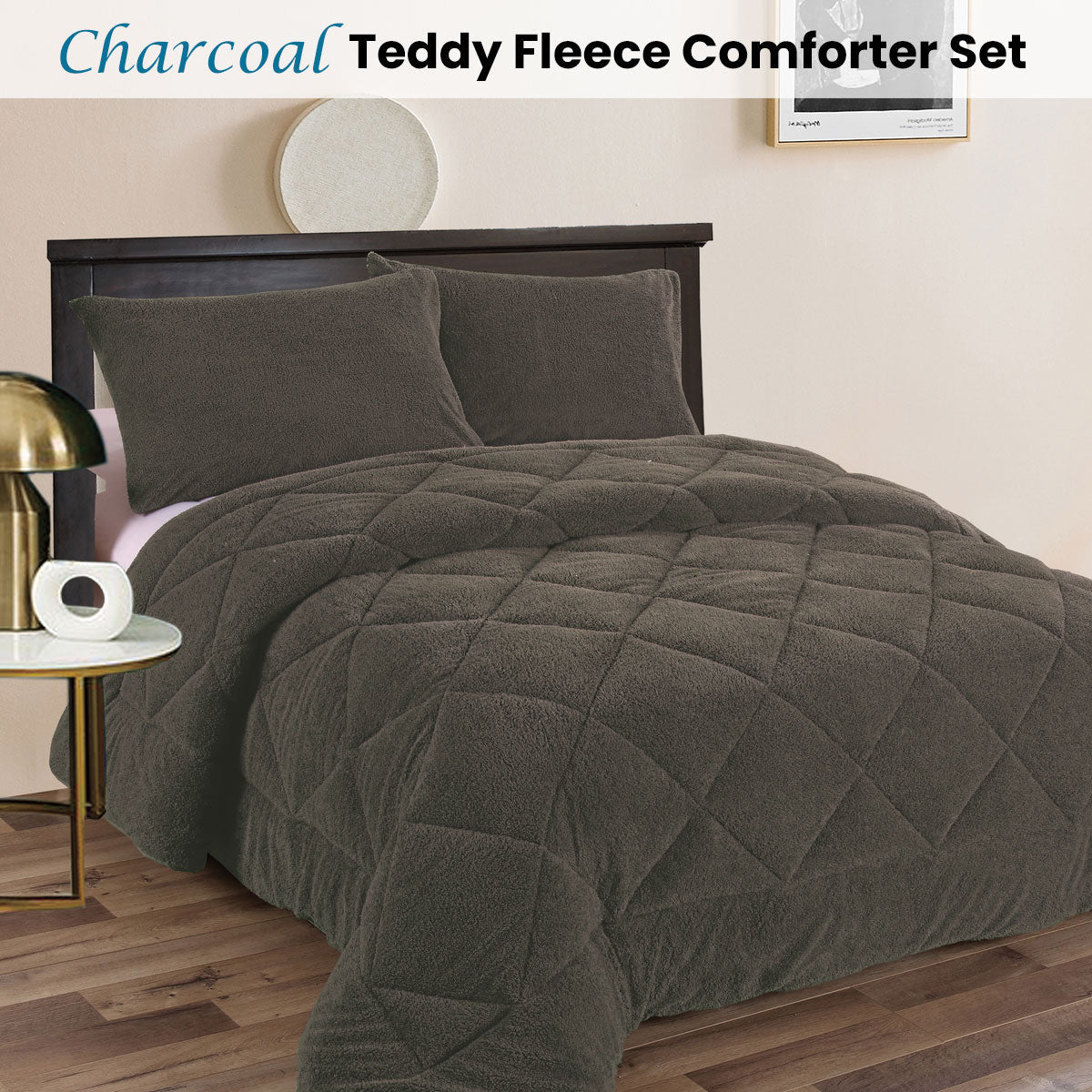 Teddy Fleece 3 Pcs Comforter Set Charcoal King - Home & Garden > Bathroom Accessories - Bedzy Australia