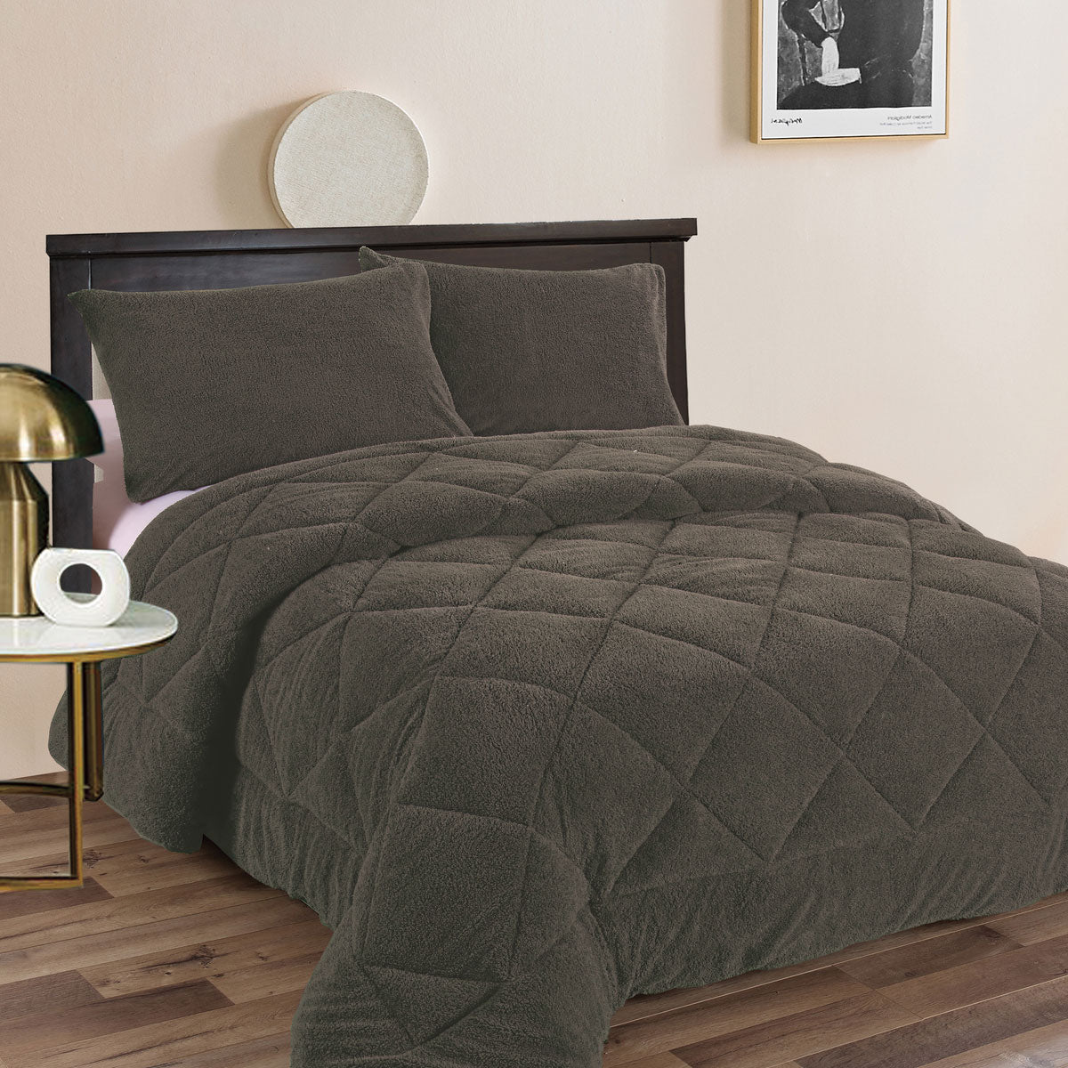 Teddy Fleece 3 Pcs Comforter Set Charcoal King - Home & Garden > Bathroom Accessories - Bedzy Australia